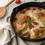 Marry Me Chicken: 5 Reasons This Creamy Dish Is Irresistible 11 Marry Me Chicken in a skillet with creamy garlic parmesan sauce and sun-dried tomatoes.