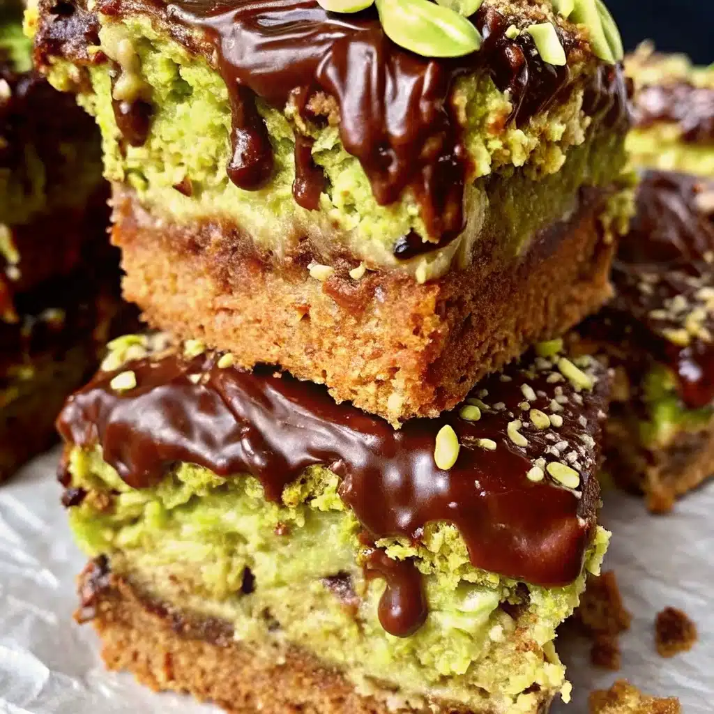 Brown Butter Dubai Pistachio Chocolate Chip Cookie Bars stacked with melted chocolate and kataifi crunch