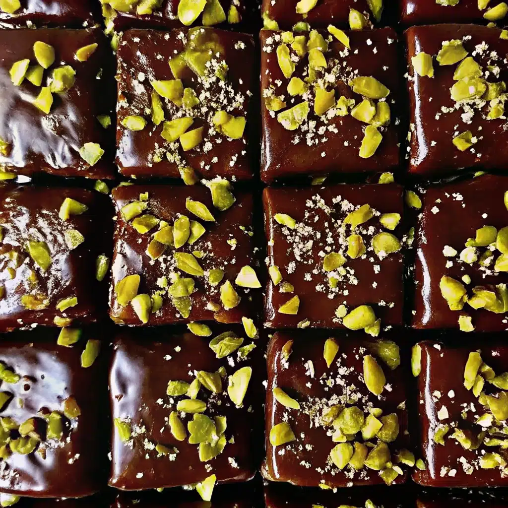 Brown Butter Dubai Pistachio Chocolate Chip Cookie Bars stacked with melted chocolate and kataifi crunch