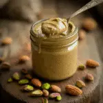 almond pistachio butter in glass jar with natural nuts