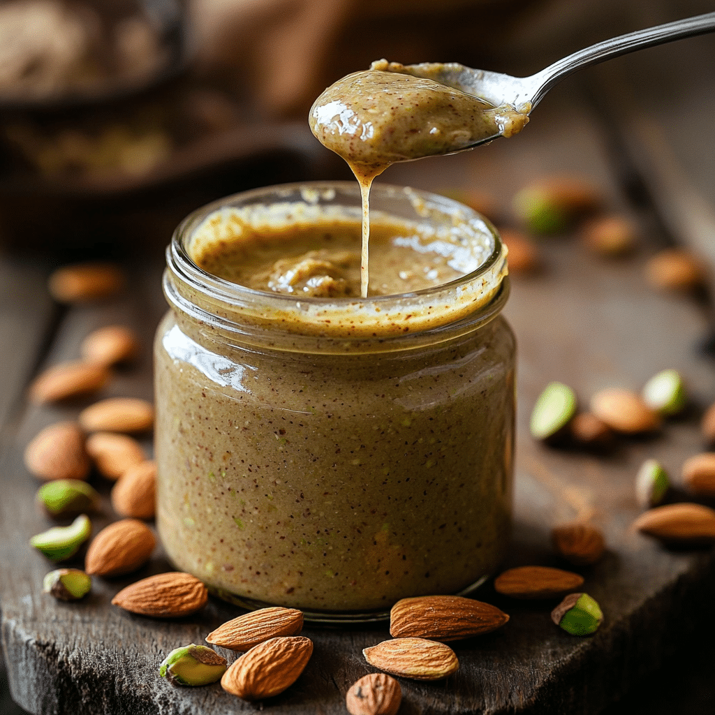 almond pistachio butter in glass jar with natural nuts