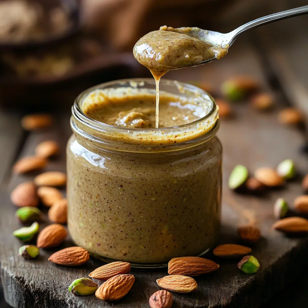 almond pistachio butter in glass jar with natural nuts
