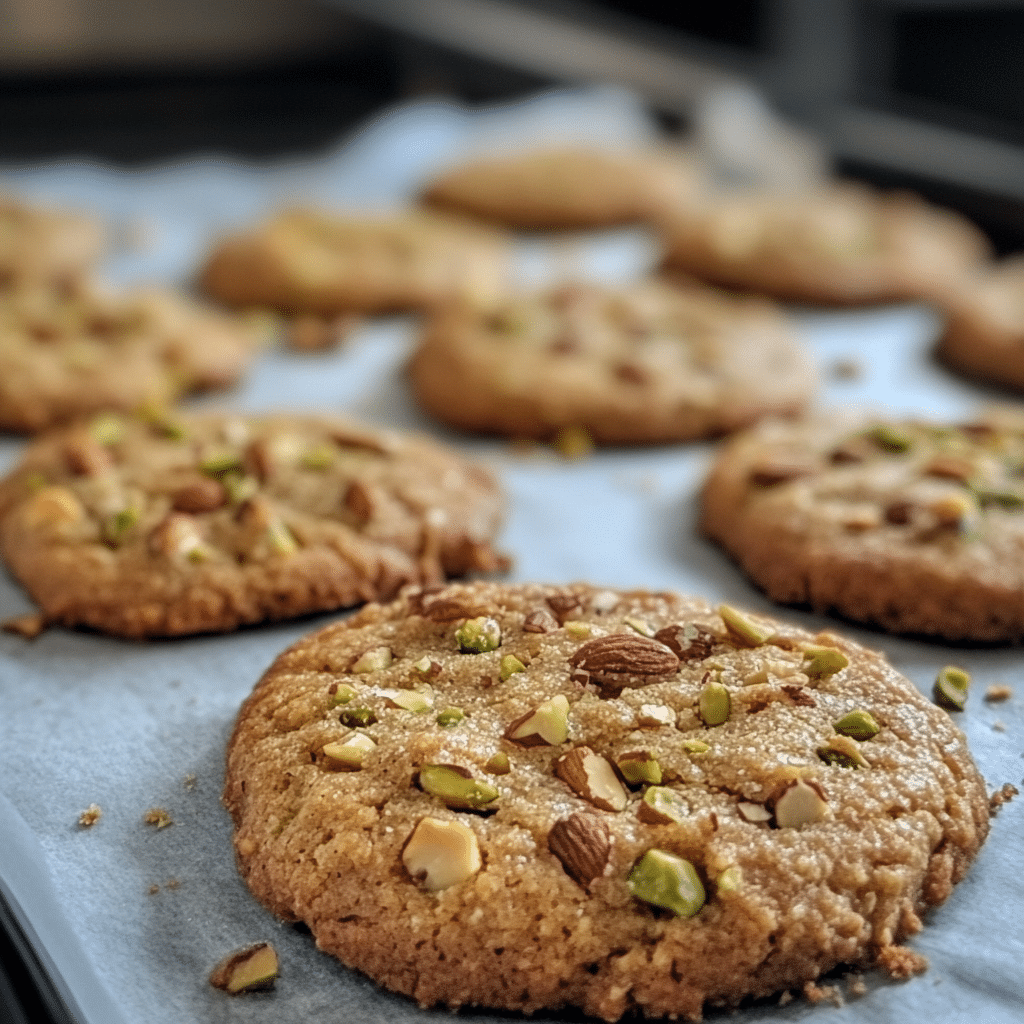 pistachio almond butter cookies on baking tray