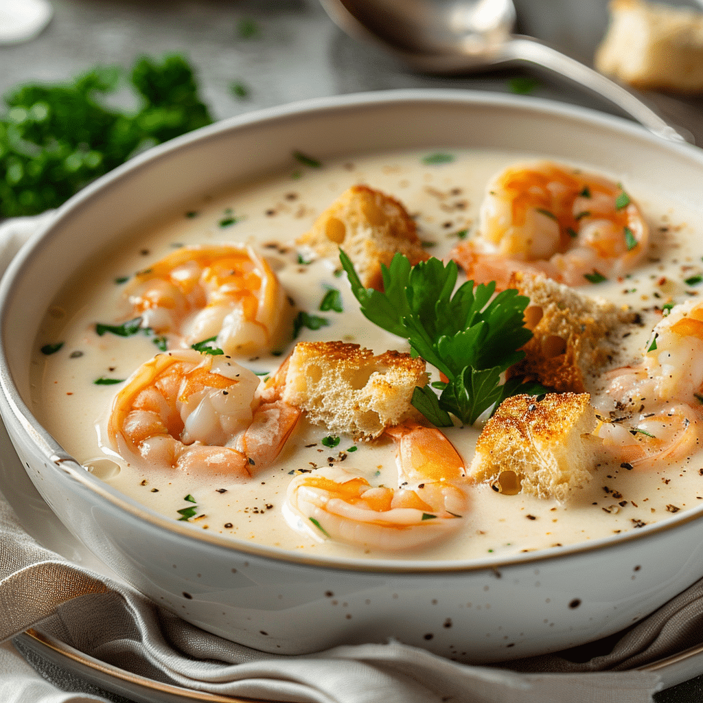 u2334995929 Close up of plated seafood cream soup decorated w 2e5f56c1 f23e 4547 b380 71e985ff1055 3