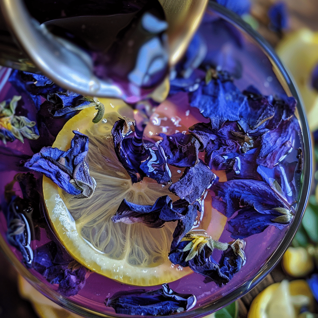 Lemon juice changes color of butterfly pea drink