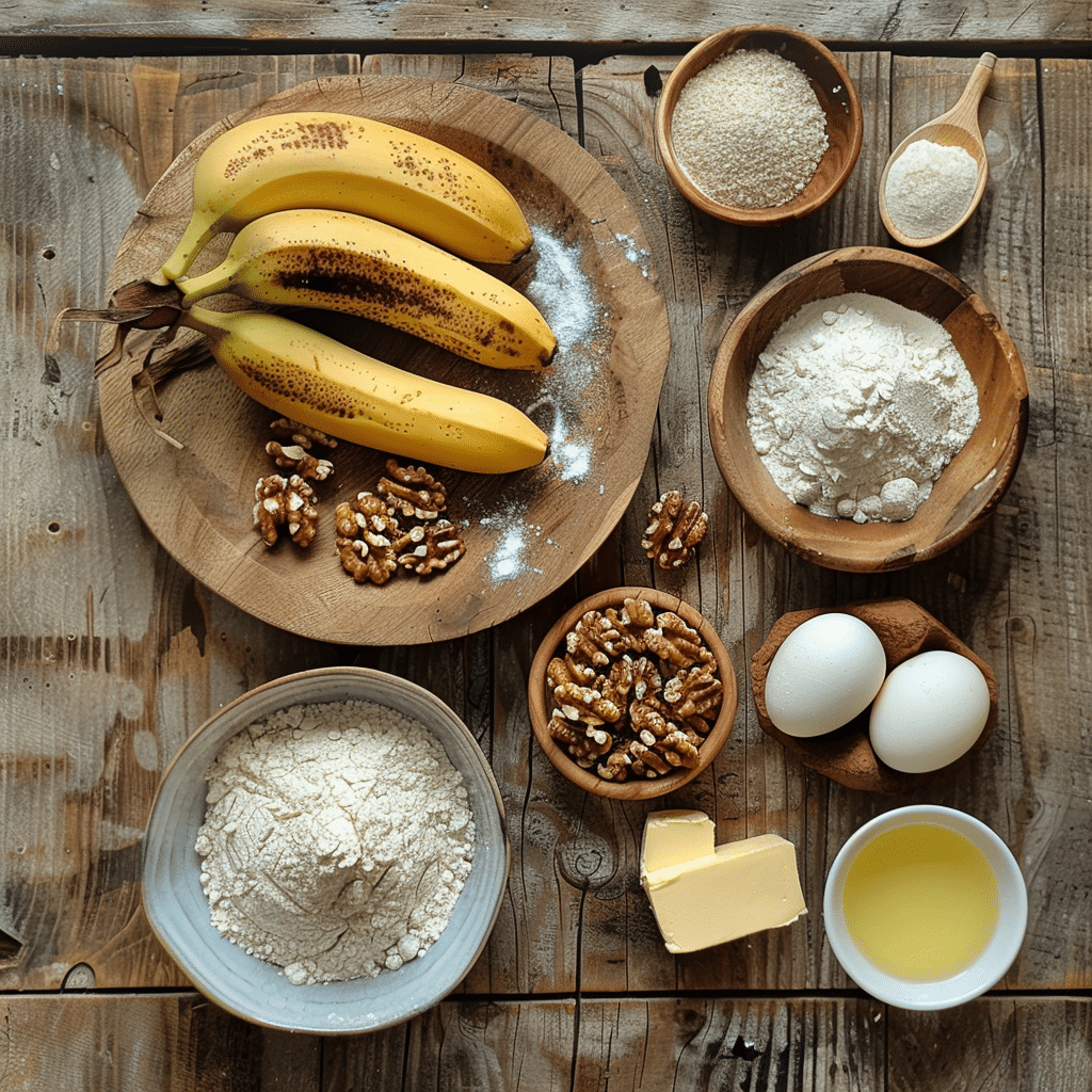 Ingredientes para hacer pan de plátano con nueces
