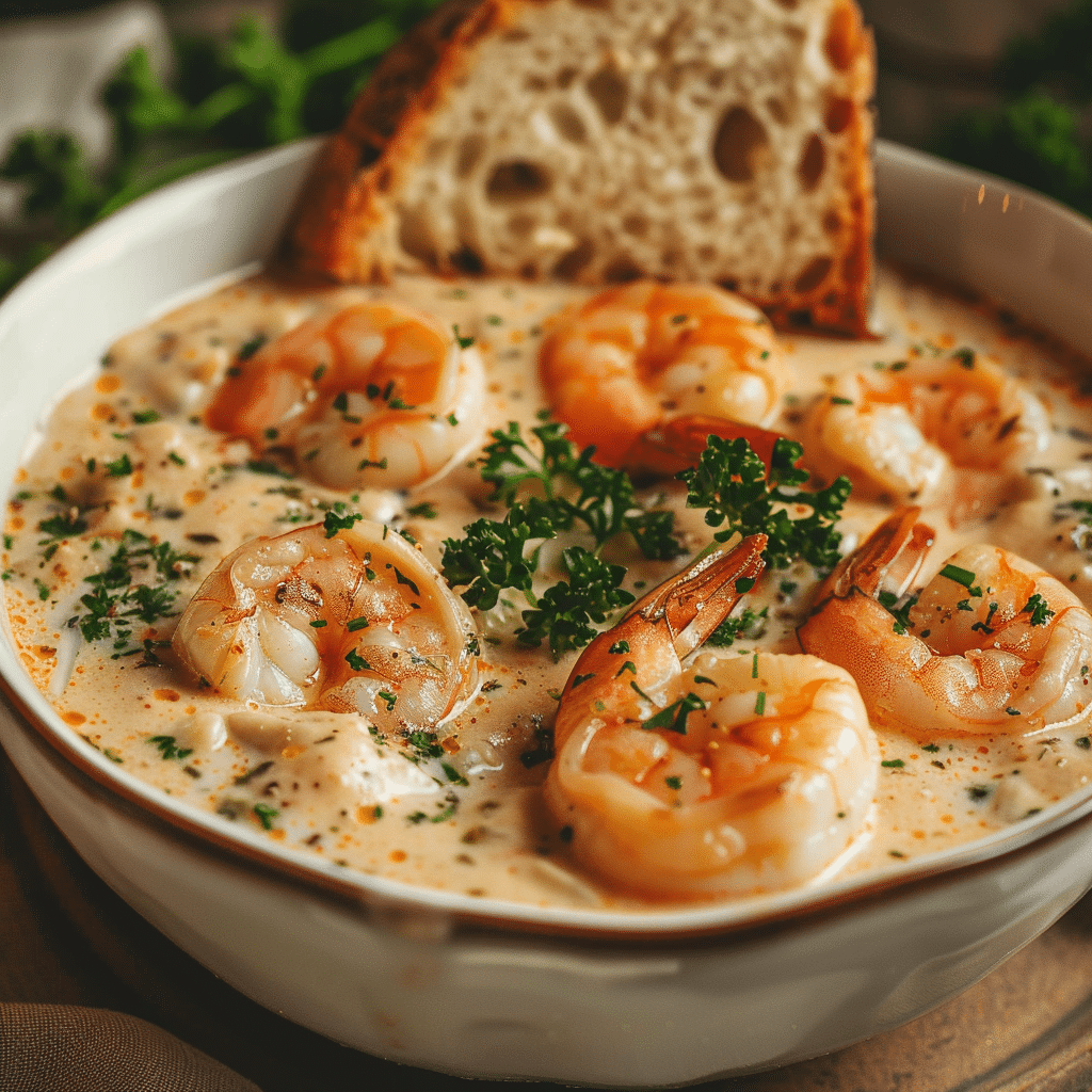 crema de marisco casera con gambas enteras
