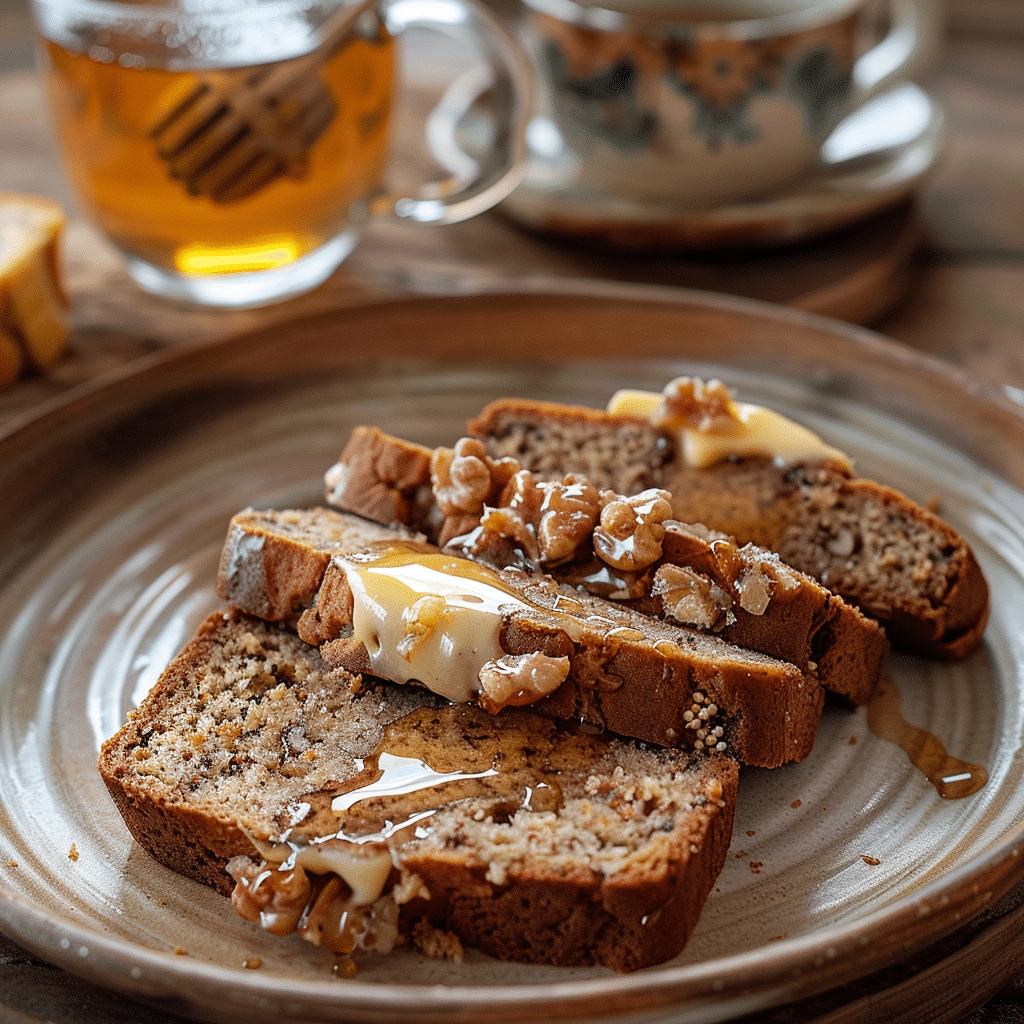 Porción de pan de plátano con nueces servida con miel y mantequilla