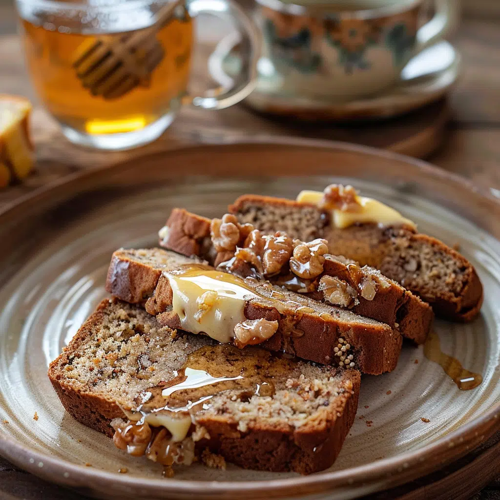 Porción de pan de plátano con nueces servida con miel y mantequilla