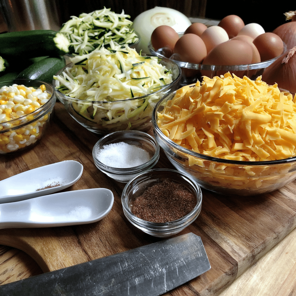 Golden slice of zucchini, sweet corn, and cheddar egg bake on a white plate