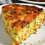 Close-up of golden brown zucchini, corn, and cheddar egg bake slice on a white plate