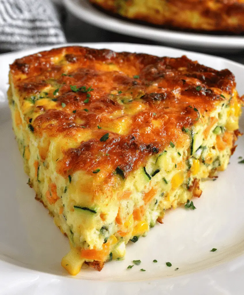 Close-up of golden brown zucchini, corn, and cheddar egg bake slice on a white plate