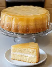 pastel invertido, gelatina de piña, postre con relleno cremoso