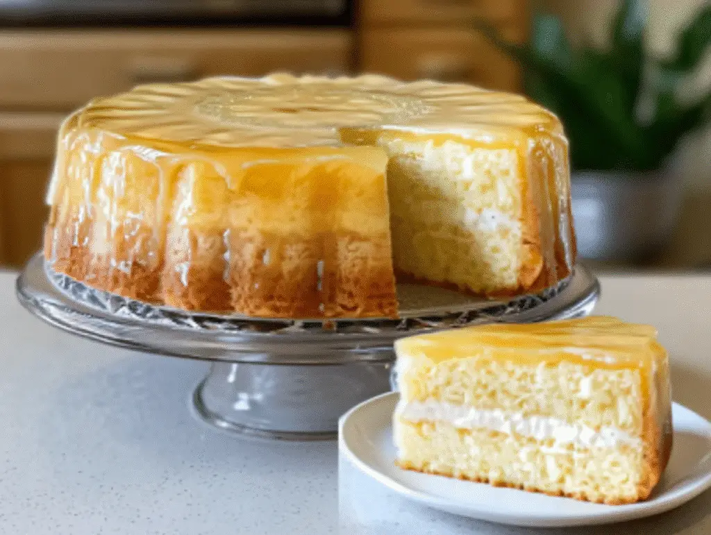 pastel invertido, gelatina de piña, postre con relleno cremoso