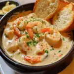 Crema de Camarones con Papas y Pan Tostado