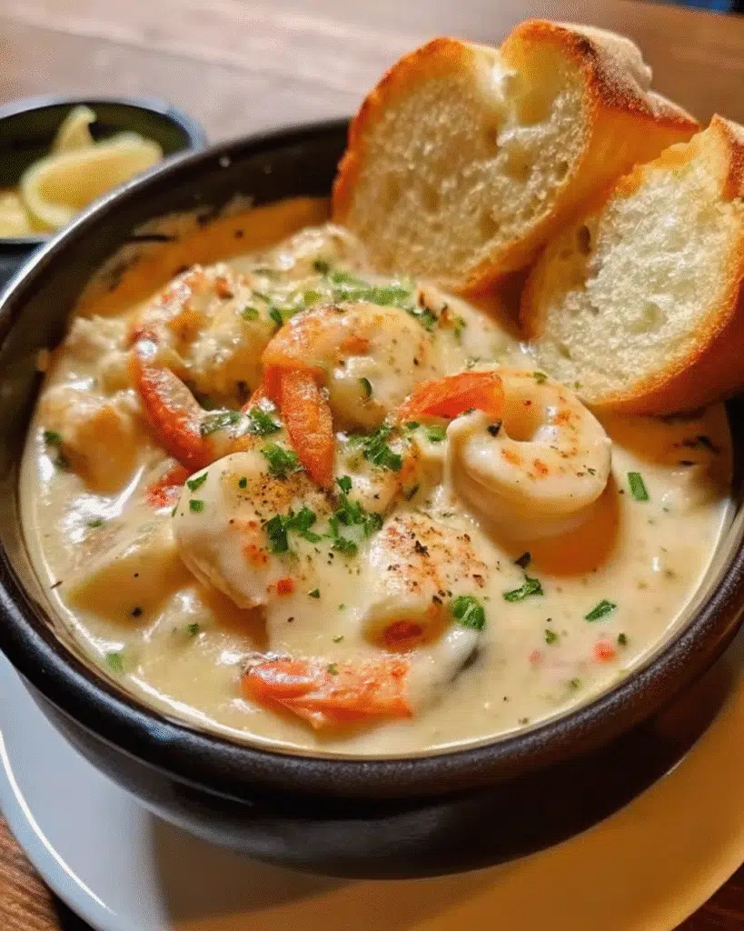 Crema de Camarones con Papas y Pan Tostado