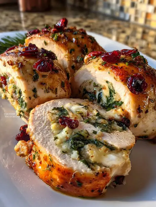 Rollitos de Pollo Navideños Rellenos de Queso, Espinaca y Arándanos