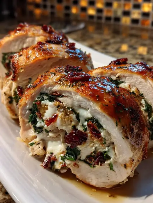 Rollitos de Pollo Navideños Rellenos de Queso, Espinaca y Arándanos