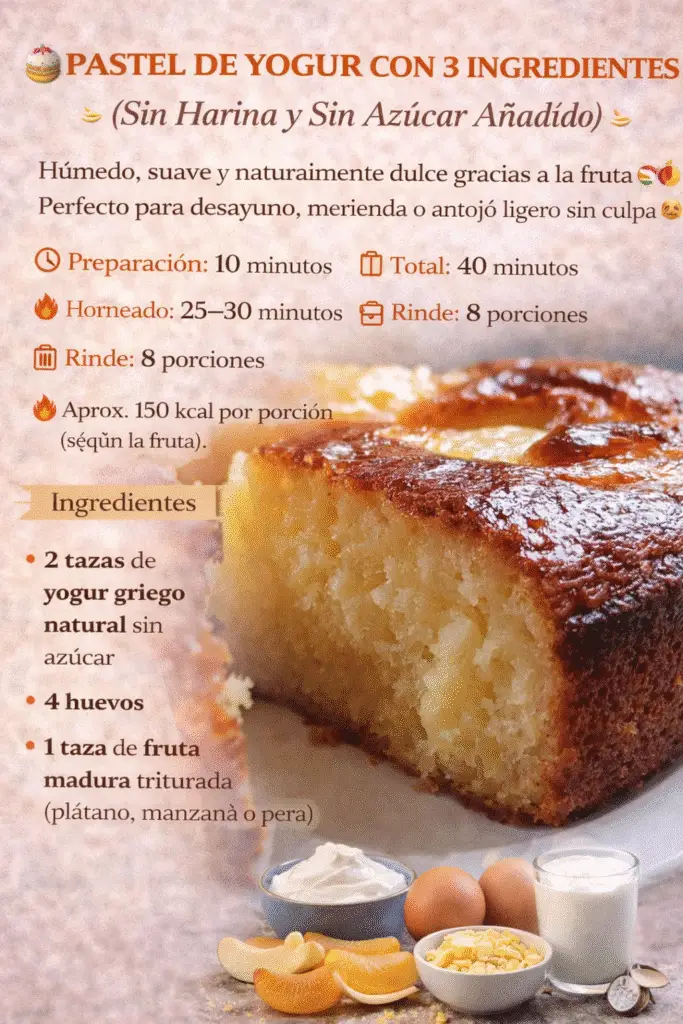 Pastel de Yogur con 3 Ingredientes (Sin Harina y Sin Azúcar Añadido)